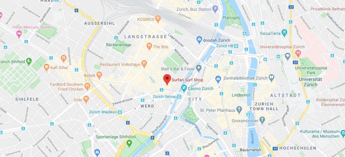 Karte von Zürich. Surfari Ladenlokal ist eingezeichnet
