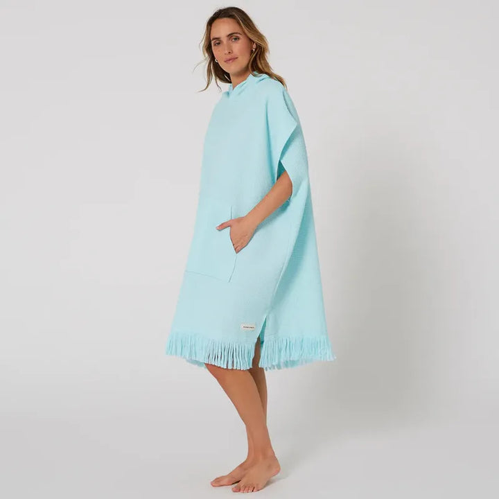 Ocean Earth Damen Hooded Poncho Waffle - Bleached Aqua