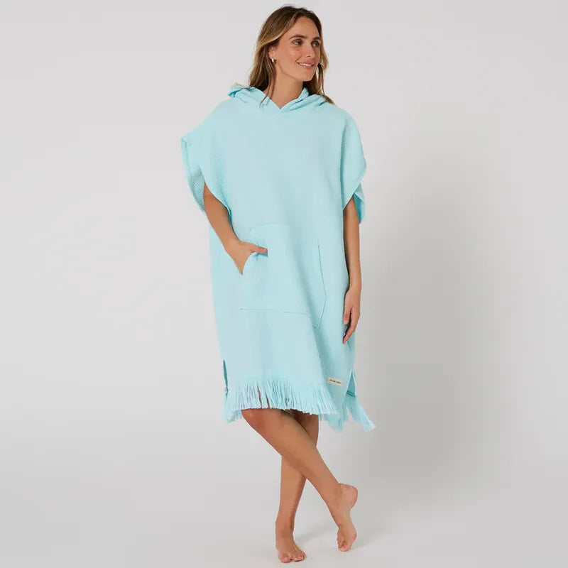 Ocean Earth Damen Hooded Poncho Waffle - Bleached Aqua